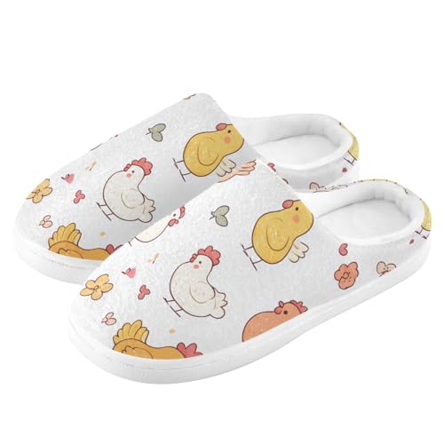 JUNZAN Cartoon Cute Chicken White Mens House Cotton Slipper Wide Memory Foam Guest Slippers for Travel Funny Presents 6-74