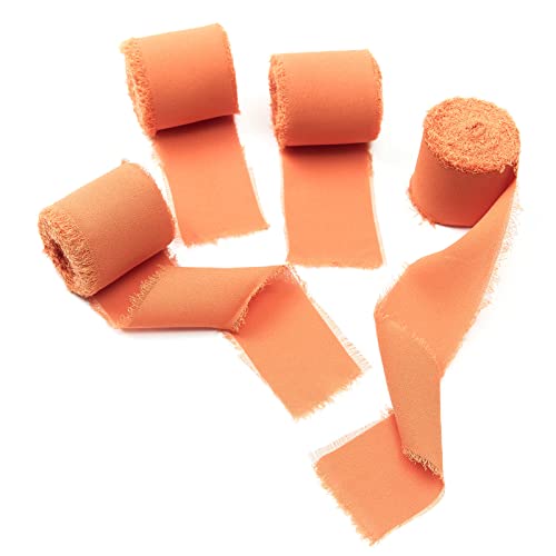 4 Rolls Orange Handmade Fringe Chiffon Silk Ribbon 1.5" W x 5Yd Per Roll,Frayed Edges Ribbon Set for Gifts Wrapping,Wedding Invitations,Bouquets,DIY Crafts (1.5" x20Yd, Orange)