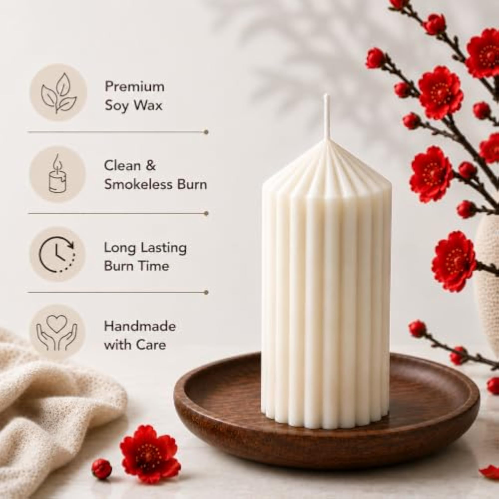 Handmade Ribbed Pillar Candle, Premium Soy Wax Decorative