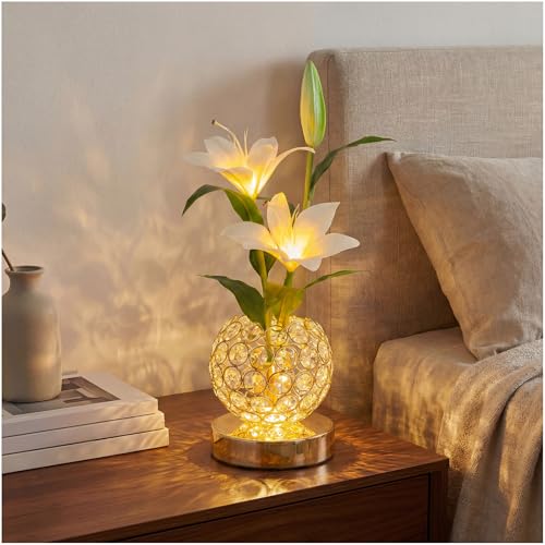 MMHF Stargazer Lily Flowers Table Lamp Rechargeable Cordless Touch Crystal Lamp with 3 Color Modes Easter Lily Night Light for Bedroom Kitchen Office Decor Birthday Mothers Day Gifts for Women Mom