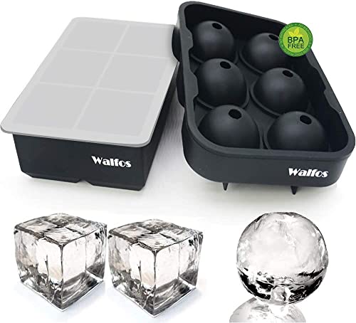 Walfos Silicone Ice Cube Tray Set, Sphere Ice Ball and Large Square Ice Cube Tray with Lid, Easy to Pop Out, Perfect for for Whiskey, Cocktails, Reusable & BPA Free by Walfos - Used condition - CA$14.68