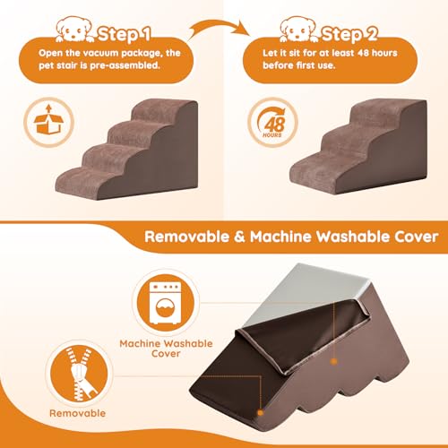 Dogs Steps for Bed, Dog Stairs for Small Dogs, 4-Step Dog Ramp for Bed, Couch, Sofa, and Chairs, Non-Slip Bottom Design, Cat Scratching, High Density Foam Portable Pet Step, Indoor, Coffee by Ahpmeoa - Image 7