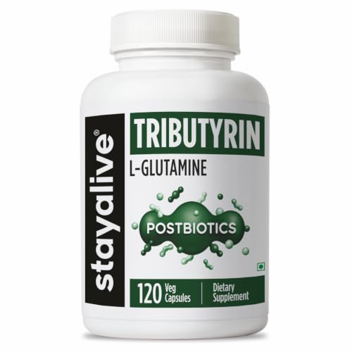 STAY ALIVE Tributyrin Supplement 600mg w/L-Glutamine, Advanced Butyrate Form, 60% Standardized, More Effective Delivery Than Sodium Butyrate, 120 Capsules, Non-GMO & Gluten Free Postbiotic Supplement