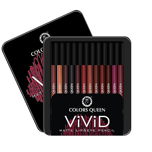 Colors Queen Vivid Matte Eye & Lip Liner Pencil Set | Long Lasting, Waterproof & Smudge Proof Lip Liner | Bold & Creamy Set of 12 (1.5g x12) | Multi Color A
