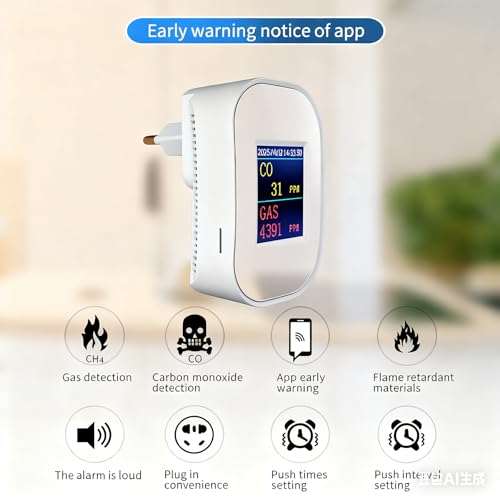 WLAN Kohlenmonoxid- und Gasmelder mit Stecker, Gasmelder Haus mit App-Steuerung, Kohlenmonoxid Melder mit LED-Display, EN50291 & EN50194 Zertifiziert, CO Melder für Erdgas LPG Propan Butan