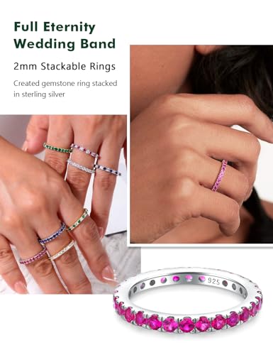 Full Eternity Band Rings for Women Sterling Silver/Yellow Gold Plated Wedding Bands Sapphire/Emerald/Ruby 2mm Thin Stacking Anniversary Ring Size 6-103