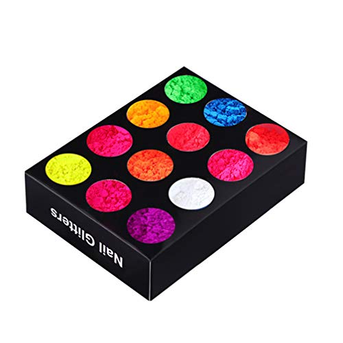 Minkissy 12 stücke farben nagel fluoreszenz pulver pigment leuchten in dunklen nagel neon kunst pulver staub 3d diy…