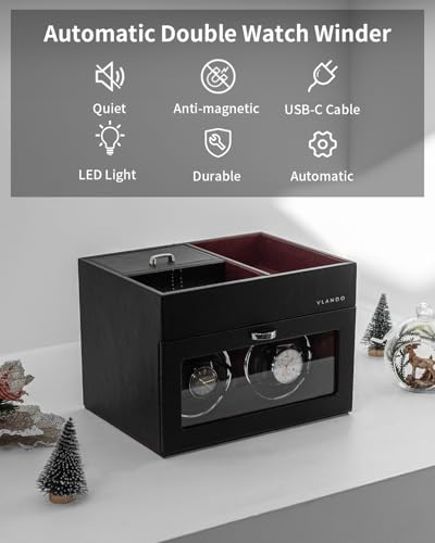 Vlando Automatic Double Watch Winder - Watch Winder Box with Men Jewelry Organizer Tray, Japanese Quiet Motor, LED Light, Adjustable Watch Pillows - Red - Thumbnail 4