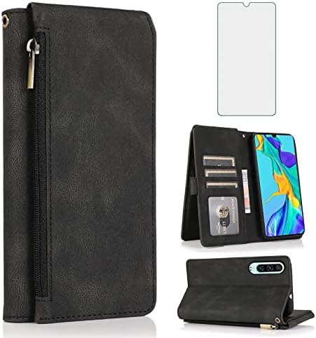 Asuwish Compatible with Huawei P30 Wallet Case Tempered Glass Screen Protector Zipper Leather Flip Cover Card Holder Stand Cell Accessories Phone for Hawaii P 30 ELE-L29 Cases Women Men Black