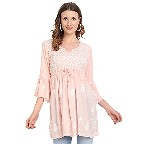 Image of indiankala4u Lucknow Chikankari Hand Embroidered Fit and Flared Top, Short Kurti for Women, Modal Cotton