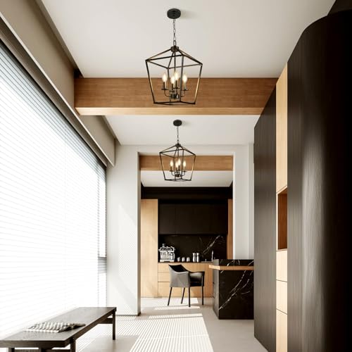 Chandelier,Modern Dining Room Light Fixture,4-Light Lantern Chandeliers For Dining Room,Adjustable Height Light Fixture,Black Chandelier For Living Room/Kitchen Island,Light Fixtures Ceiling Mount