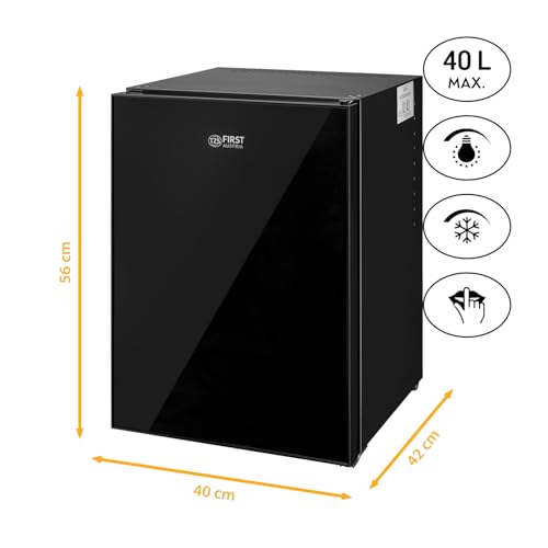 TZS First Austria - Mini Kühlschrank 40L lautlos - Kleiner Minikühlschrank wechselbarer Türanschlag & Innenbeleuchtung - Minibar für Camping, Büro, Schlafzimmer & Hotel - Glasfront