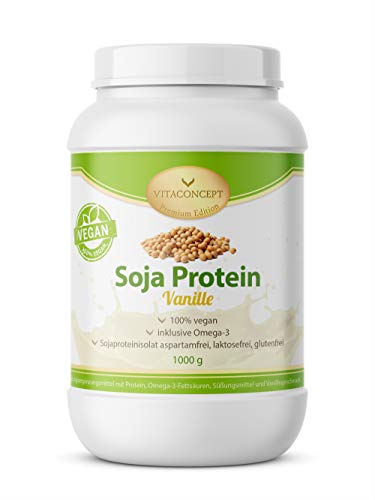 Soja Protein Vanille 100% vegan -1000 g - laktosefrei * aspartamfrei * glutenfrei * inkl. BCAA und Omega-3-Fettsäuren * incl. Dosierlöffel –