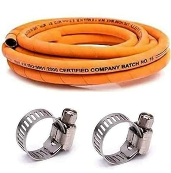 Image of ISI Certified LPG Rubber Hose Pipe with Reinforced Steel Wire Flame Resistant With Clamp for Hp /Indane /Bharatgas Gas Recommended uncut Customized Length (1.5 Meter