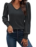 HOTOUCH Womens Soft V Neck Pullover Sweater Lightweight Knit Shirts Cute Puff Sleeve Tunic Blouses Grey L