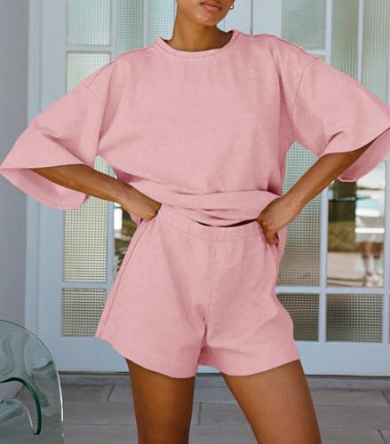 Image of Tankaneo Womens Pajama Sets 3 /4 Sleeve Oversized Tops & Loose Fit Shorts Lounge Set with Pockets Loungewear
