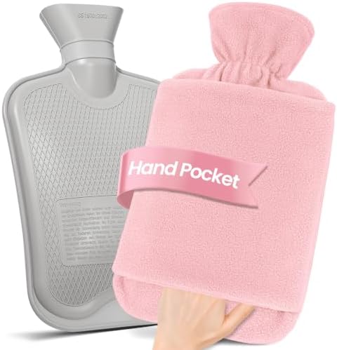 MUPAS Wärmflasche 2L mit Känguru-Fleecebezug, Rosa | Abnehmbarer Fleecebezug mit Handtaschen, großes Einfüllloch, für Hände, Füße, Rücken & Bauch, kalt & warm, Geschenk