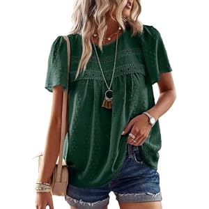TUUHAW Bluse Damen Sommer Boho Top Kurzarm Oberteile Dunkelgrün 6XL | Spitze Fließend Tunika, Elegant Rundhals