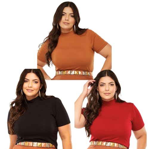 Kit 3 Blusas Femininas Malha Viscolycra Plus Size, Modelagem Justa, Manga Curta, Gola Alta (BR, Alfa
