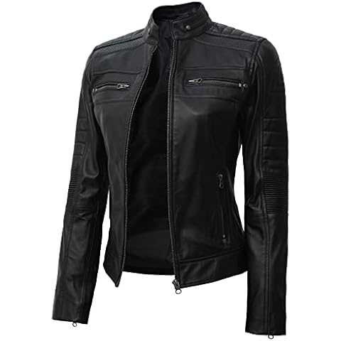 FJackets Real Leather Jacket Women - Cafe Racer Slim Fit Stand Collar Womens Motorcycle Jackets, Austin Leather Jacket Women - Black, S Cover