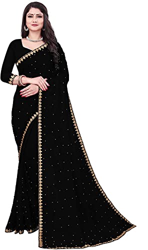 Image of Fashion Day Soft Georgette Embroidery Lace Border Stone Work Saree for Women with Unstitched Blouse Piece