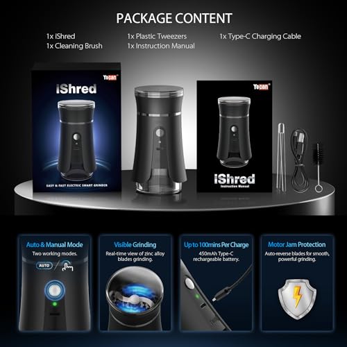 Yocan iShred Electric Herb Grinder - Intelligent Design, Top-View Grinding, Dual Modes, Anti-Jam Technology, Glass Chamber, 450mAh Battery, USB-C Fast Charging - Image 7