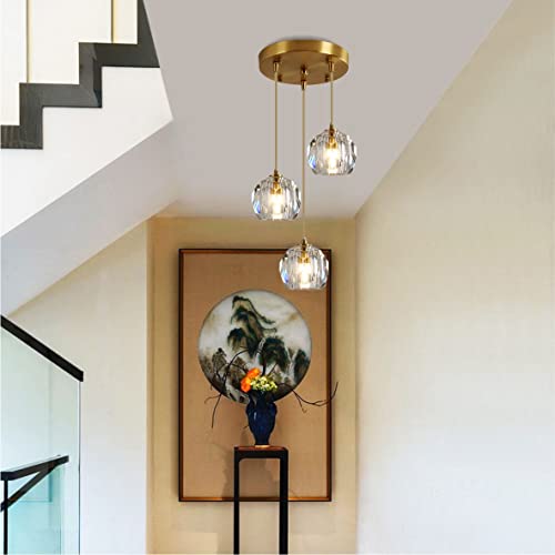 Flyrose Crystal 3 Pendant Light Fixture Glass Adjustable Round Cluster Chandelier Pendant Lighting Modern Gold Hanging Light Fixtures For Kitchen Bedroom Dining Room (A) #TOP7