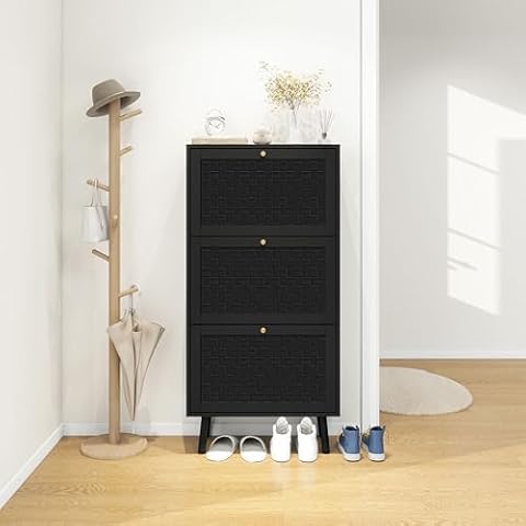 vistavie Shoe Cabinet Storage for Entryway, Cross Weave Effect Shoe Storage Cabinet with 3 Flip Drawer, Modern Shoe Rack with Pine Legs, Narrow Hidden Shoe Storage for Entryway, Hallway, Black Cover