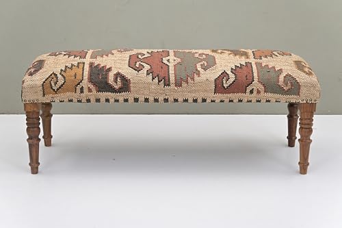 NATURAL FURNISH acacia wood bench with Southwestern Kilim upholstery