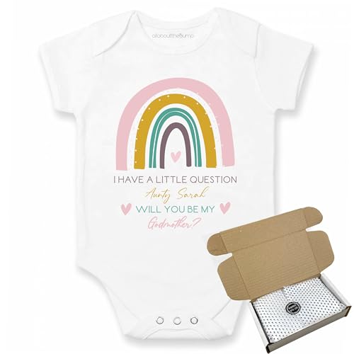 allaboutthebump Will you be my Godmother? Pink Rainbow Girls Proposal | Baby Announcement Vest Bodysuit (Pregnancy Reveal) - Optional Gift Wrapped with Box (0-3 Months)