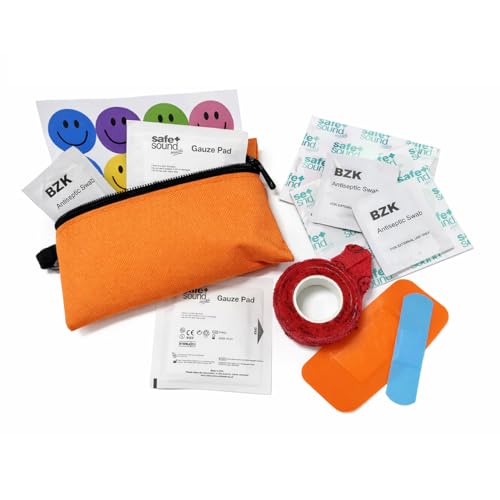 Image of Safe + Sound Health Kids Mini First Aid Kit – 25 Piece Children's First Aid Set with Plasters, Antiseptic Wipes, Gauze Pads & Bravery Stickers – Portable Emergency Kit with Clip Pouch in Orange