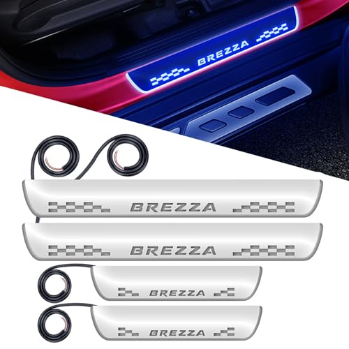Fabtec Car Door Foot Step Led Sill Plate Compatible with Maruti Suzuki Brezza, Anti-Scratch Reflective Mirror Finish, Blue Light, Set of 4 Pcs (6 Months Warranty)