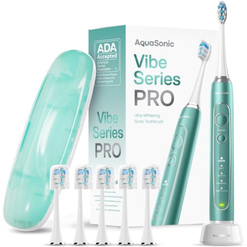 Image of Aquasonic Vibe Series PRO - Ultra-Whitening Electric Toothbrush - 5 Modes & Smart Timers - Premium Travel Case & 6 Proflex Brush Heads - ADA Accepted Toothbrush (Mint Green Metallic)
