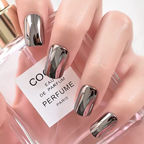 Classic Dark Gray Black Glossy False Nails Reflective Mirror Acrylic Nail Tips Punk Style Square Squoval Fake Nails Manicure Faux Ongles Daily Office Salon Finger Wear Nail Art Tips #TOP3