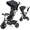 BABY JOY Tricycle, 4 in 1 Toddler Bike w/Removable Canopy, Adjustable Push Handle, Reversible Seat, Safety Belt, Folding Footrest & Storage Basket, Toddler Tricycle for Boys Girls 9-60 Months (Black)