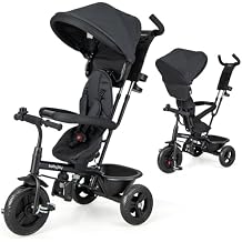 BABY JOY Tricycle, 4 in 1 Toddler Bike w/Removable Canopy, Adjustable Push Handle, Reversible Seat, Safety Belt, Folding Footrest & Storage Basket, Toddler Tricycle for Boys Girls 9-60 Months Black