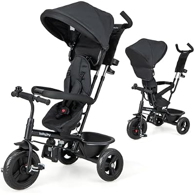 BABY JOY Tricycle, 4 in 1 Toddler Bike w/Removable Canopy, Adjustable Push Handle, Reversible Seat, Safety Belt, Folding Footrest & Storage Basket, Toddler Tricycle for Boys Girls 9-60 Months (Black)