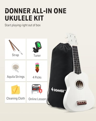 Image of Donner Soprano Ukulele for Beginner 21 Inch Matte Ukulele Beginner Kit with Bag Strap Tuner Strings Picks Cloth, Free Online Lessons (White)