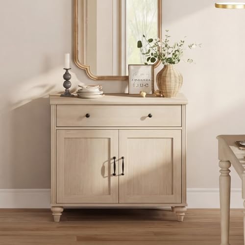WAMPAT Buffet Cabinet with Doors & Drawer, Large Coffee Bar Table Wood Kitchen Storage Cabinets with Storage Cabinets, Modern Farmhouse Sideboard Credenza for Dining Room, Beige, 34 inch