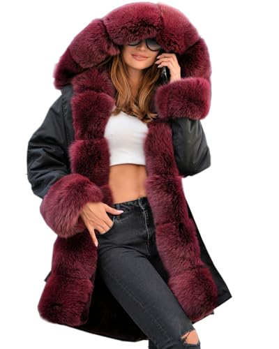 Aox Women Winter Burgundy Red Fur Long Black Coat Parka Ladies Outdoor Fleece Jacket with Warm Fuffly Hood (8, Red Faux Fur)