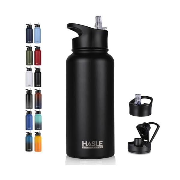 HASLE OUTFITTERS 32 oz Insulated Water Bottle Stainless Steel Double Walled Vacuum Sports Water Bottle with 2 Lids (Straw and Spout Lid) for Gym Camping Hiking(Black,1)