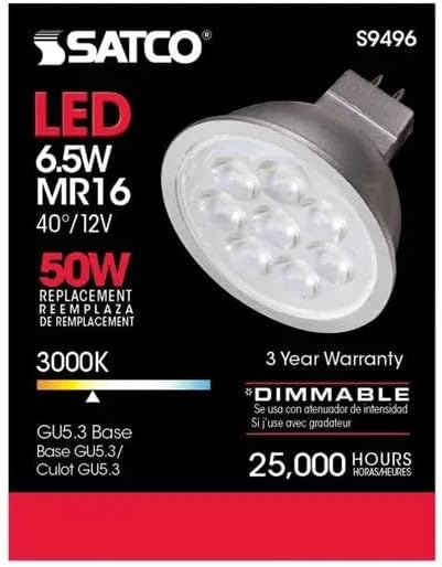Satco Lighting 6.5 Watt Dimmable MR16 Low Voltage LED Light Bulbs - 3000K Soft White - 40 Degree Beam Angle - GU5.3 Base - 12 Volt AC/DC (12 Pack)