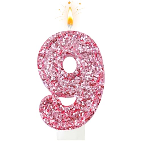 Zailo Birthday Number Candles, Glitter Number Candle Cake Decorations with Sequins, Cupcake Decorations for Girls, Women, Party Anniversary Celebrations (Number 9, Pink)