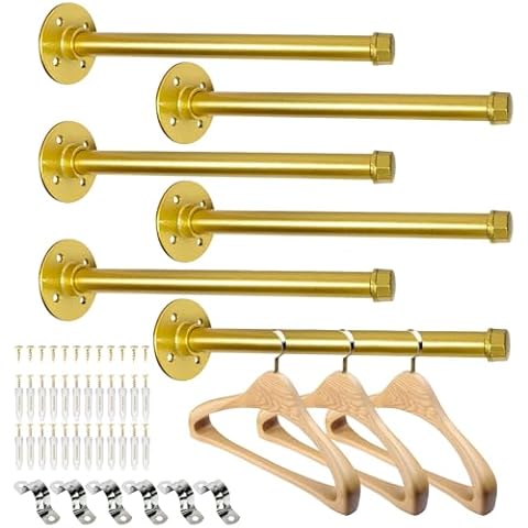 Pintuson 6 Pcs Industrial Pipe Clothes Bar 12 Inch - Wall Mount Clothing Rack - Face Out Closet Rods for Hanging Clothes Commercial Retail Boutique Laundry Shirt Display - Golden Cover
