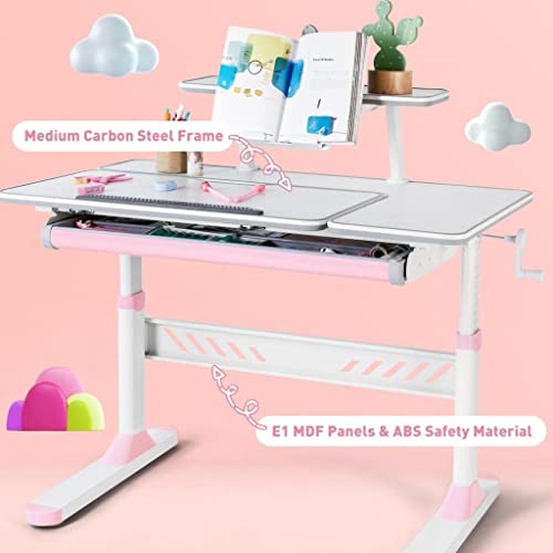 Cosvalve Premium Kids Study Desk And Chair Set,Adjustable Girls School Writing Study Table,Ergonomic Desk Chair With Large Writing Board Pull Out Drawer Bookstand Pink #TOP2