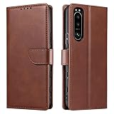 KVIBEO Coque pour Sony Xperia 1 IV, Housse en Cuir PU Leather Etui Portefeuille avec Fentes Cartes, Support Et Fermoir Magnétique Antichoc TPU Housse,café