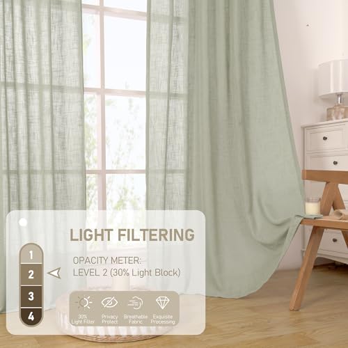 LAMIT Sage Grey Linen Curtains 24 Inch Length for Cafe, Semi Sheer Light Filtering Panels Back Tab and Rod Pocket Small Window Drapes for Basement, 2 Panels, 34 x 24 Inch