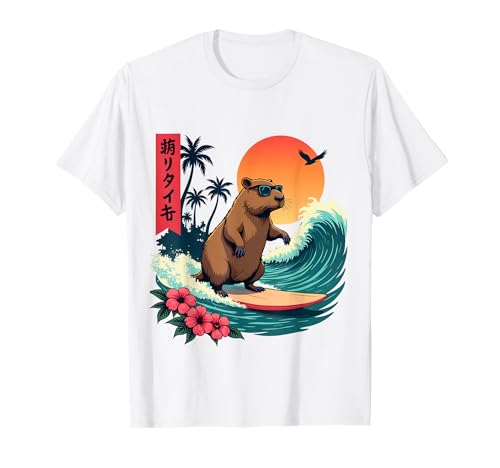 Capybara Surf Wave Retro Palm Tree Sunset Capybara Lovers T-Shirt