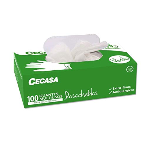 GUANTES DESECHABLES MULTIUSOS DE CEGASA REALIZADOS EN VINILO TALLA 6-6.5 CAJA DE 100