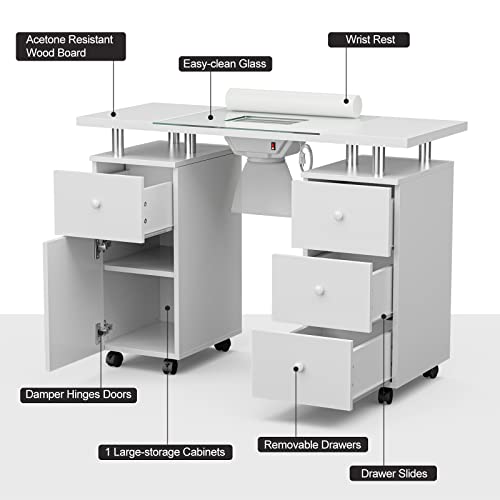 Paddie Manicure Table, Glass Top Nail Makeup Desk Nail Table Station For Nail Tech W/ Electric Downdraft Vent, Wrist Cushion, Lockable Wheels, Storage Drawers, Wooden Handles (White) #TOP2